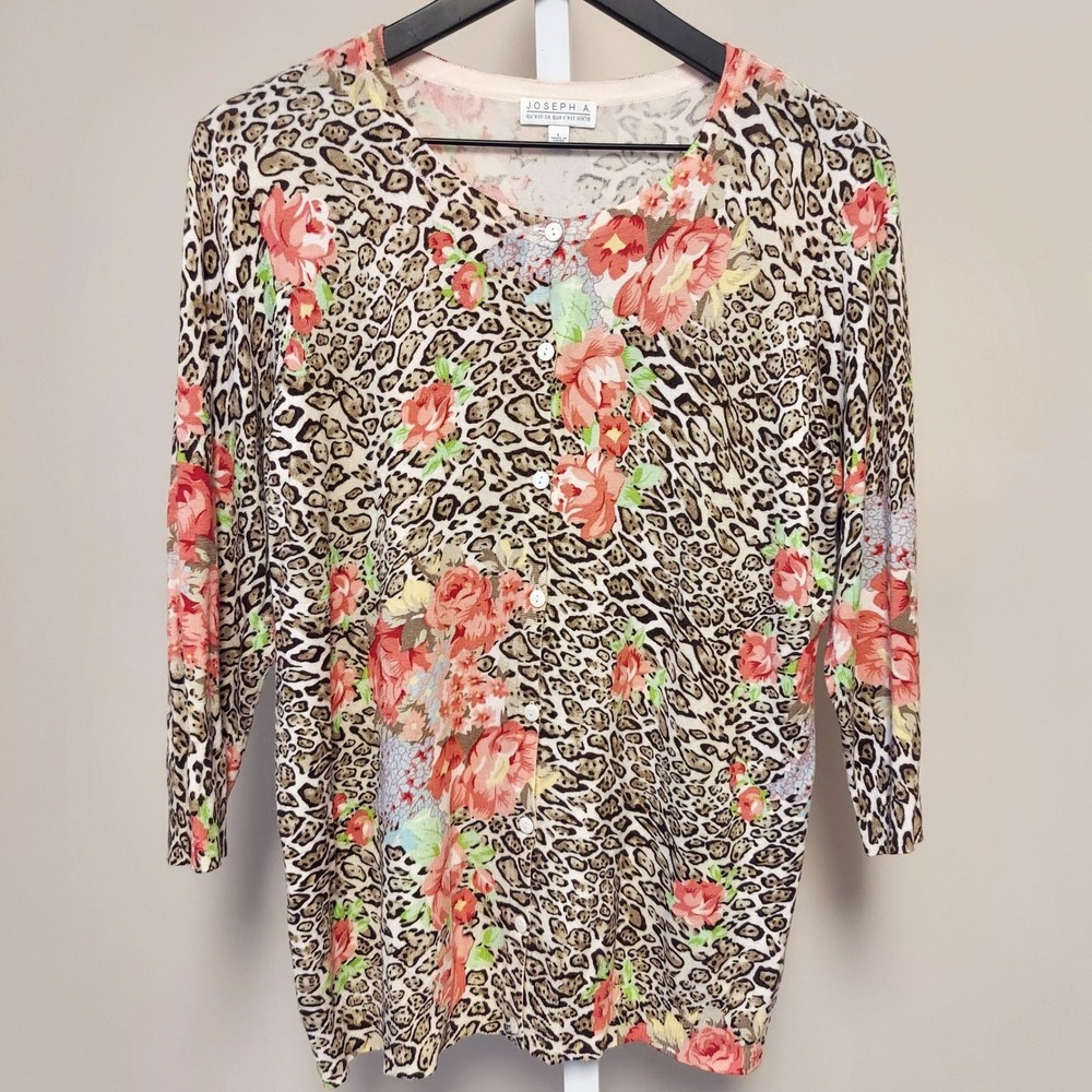 Joseph A Womens Leopard Floral Cardigan Brown Pink 3/4 Sleeve Knit L Maximalist
